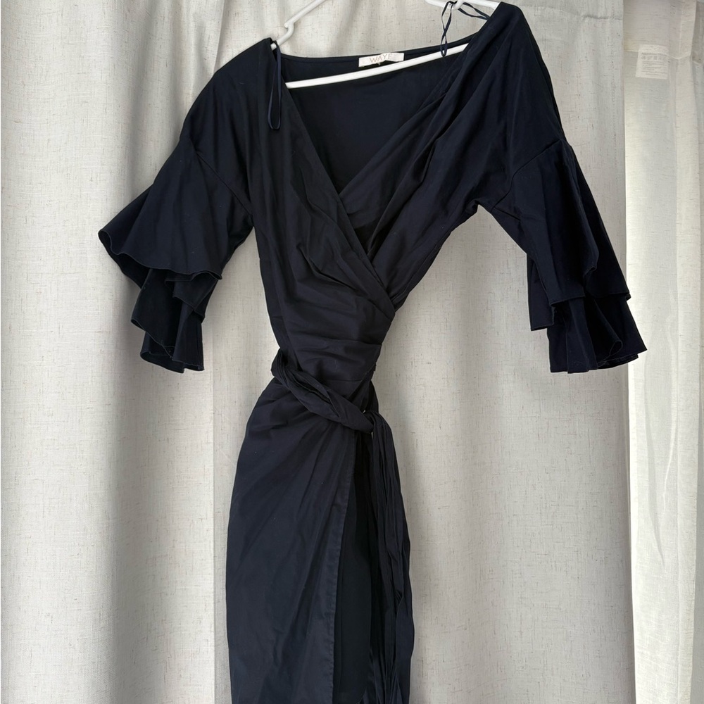 WAYF Navy Blue Wrap Dress with Layered Ruffle Sleeves
